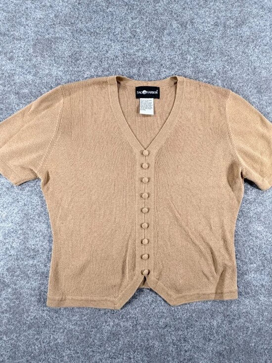 Sag Harbor Sweaters - Vintage Sag Harbor Sweater Womens S Brown Tan V-Neck Short Sleeve Button Detail